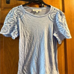 Chelsea & Theodore Petite Medium Light Blue Eyelet Sleeve Top